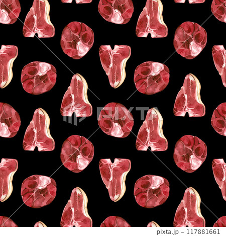 Watercolor seamless pattern. Cooking ingredients. Meat on the bone, steak, beef chops, all objects are hand-drawn with watercolor. For printing on fabric, paper, for packaging goods, food products. 117881661