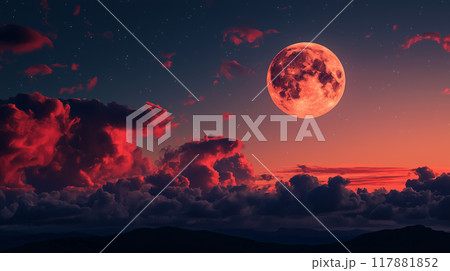 beautiful illustration of red color moon with clouds at night 117881852