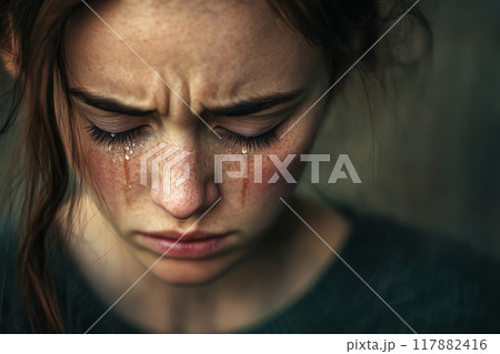 Young woman with tear streaked cheeks. Deep sadness, emotional pain Young woman with tear streaked cheeks. Deep sadness, emotional pain 117882416