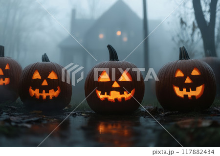 Glowing jack o lanterns on a foggy night in front of a dimly house 117882434