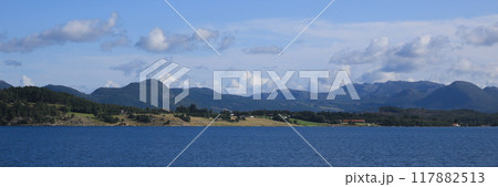 North Sea, farm land and mountains in Rogaland, Norway. 117882513