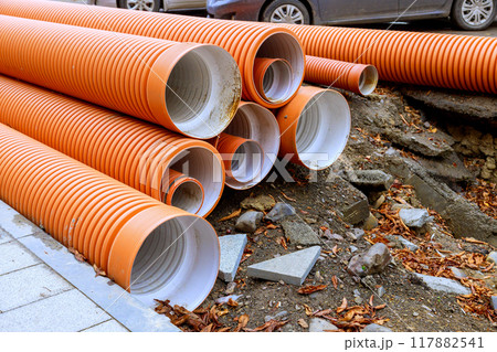 Ready to install HDPE polyethylene sewer pipes 117882541