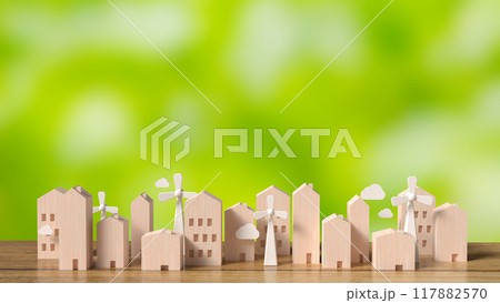 The wood building and Wind turbine for property concept 3d rendering. The wood building and Wind turbine for property concept 3d rendering. 117882570