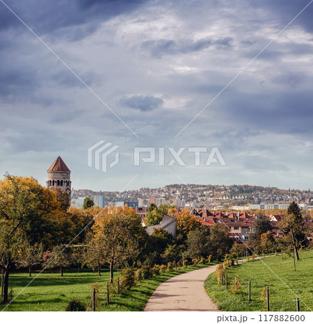 Germany, Stuttgart panorama view. Beautiful houses in autumn, Sky and nature landscape. Vineyards in Stuttgart - colorful wine growing region in the south of Germany with view over Neckar Valley 117882600