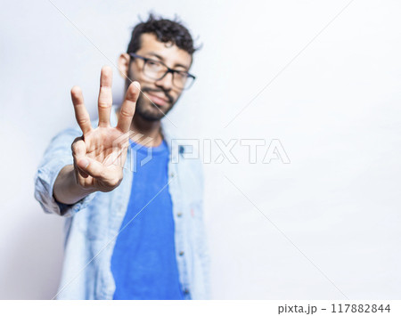 Portrait of people counting number three on isolated background. Person hand counting number three. Handsome guy hand showing number three 117882844