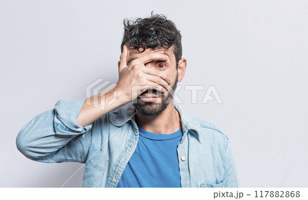 Person with irritated eyes. People with eye pain on isolated background, Person with conjunctivitis on isolated background, Close up of people with eye strain, man with irritated eye Person with irritated eyes. People with eye pain on isolated background, Person with conjunctivitis on isolated background, Close up of people with eye strain, man with irritated eye 117882868