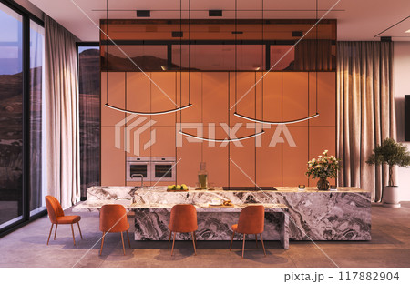 Stunningly elegant modern kitchen featuring chic design elements perfect for contemporary spaces, 3d rendering 117882904
