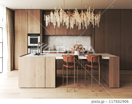 Stylish modern kitchen featuring elegant lighting and chic barstools for a perfect atmosphere, 3d rendering 117882906