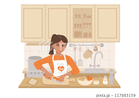 A girl in an apron is cooking soup. Kitchen with utensils, vegetables ingredients, knife and cutting board. Homemade food, dinner, cozy atmosphere. Stock vector illustration in flat cartoon style. 117883159