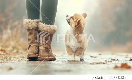 A cute white-brown puppy stands on an autumn, wet, rural road in the rain at his feet and looks up. Copy space A cute white-brown puppy stands on an autumn, wet, rural road in the rain at his feet and looks up. Copy space 117883839