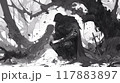 芸術的な挿絵になる暗い森のシルエットとモノクロの姫と騎士のイラスト 117883897