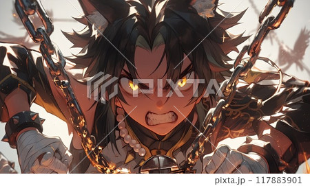 ファンタジーアニメ風の猫の擬人化戦士と砂漠の鎖 ファンタジーアニメ風の猫の擬人化戦士と砂漠の鎖 117883901
