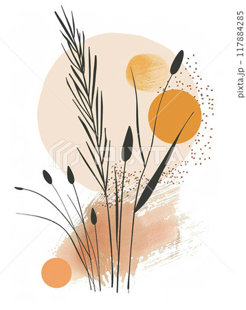 Graceful Flora. Botanical Illustration Featuring Tall Slender Reeds and Feathery Plumes 117884285