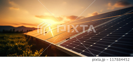 Solar Panel with the Sun Setting. AI Generated Image 117884452