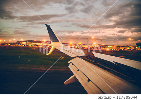 Airplane window view of Panama City airport. Selective Focus, travel concept. Airplane window view of Panama City airport. Selective Focus, travel concept. 117885044