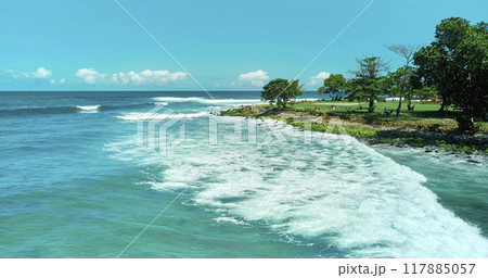 Panoramic aerial view of the La Punta beach, space for surfers in Los Caracas, La Guaira - Venezuela. Vargas state coastline 117885057