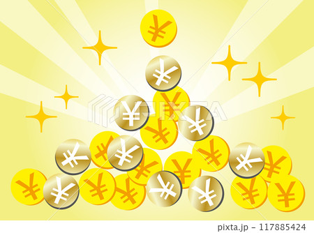 ザクザク日本円(¥)硬貨と集中線の黄色背景 ザクザク日本円(¥)硬貨と集中線の黄色背景 117885424