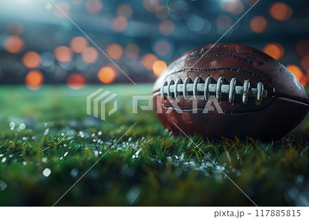 A football is on the grass in a stadium 117885815