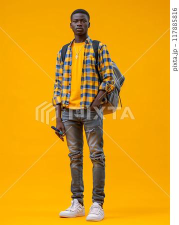 A young man in a yellow plaid shirt and jeans is holding a gun 117885816