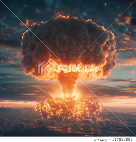 A large, orange, and white cloud of smoke is rising from the ground A large, orange, and white cloud of smoke is rising from the ground 117885892