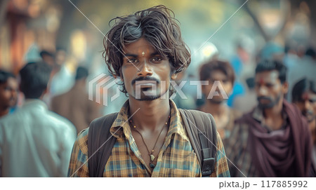 A man with a beard and a backpack stands in a crowd of people 117885992