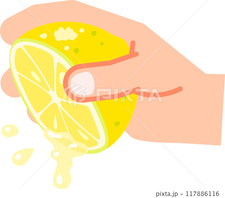 半分に切ったレモンを絞る手 117886116