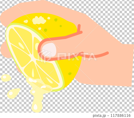 半分に切ったレモンを絞る手 117886116
