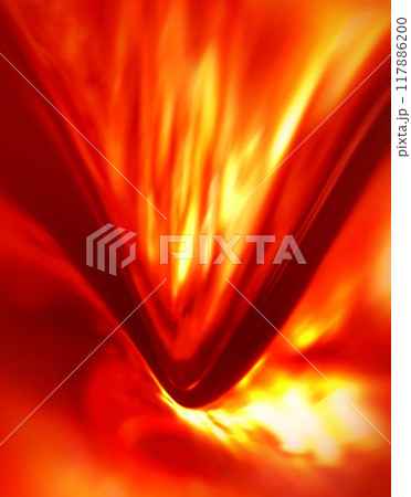 火柱がまっすぐ火の海に衝突して激しい衝撃反応を起こすイメージ（イラスト調レタッチ＆色彩加工イメージ） 117886200