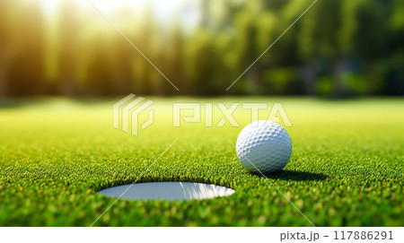 グリーンの上のホール際のゴルフボール 117886291