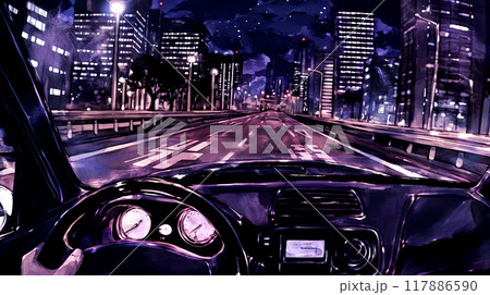 車内から見た夜の都会のドライブの水彩イラスト風景 車内から見た夜の都会のドライブの水彩イラスト風景 117886590