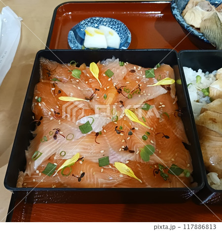 ビワマス料理「山本屋魚濱」の琵琶鱒御膳ニ之重(一段目、ビワマスのお刺身、ちらし寿司風) ビワマス料理「山本屋魚濱」の琵琶鱒御膳ニ之重(一段目、ビワマスのお刺身、ちらし寿司風) 117886813