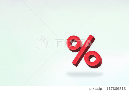 宙に浮いた赤い立体的なパーセントの記号が右下にある白い背景 宙に浮いた赤い立体的なパーセントの記号が右下にある白い背景 117886818
