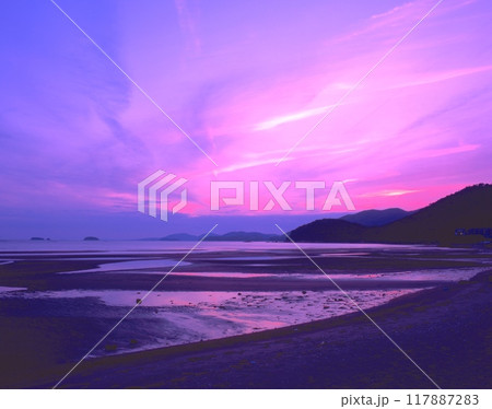 新舞子浜の干潟と家島諸島、相生、赤穂の多島美（夕景）/「瀬戸内海国立公園」 117887283