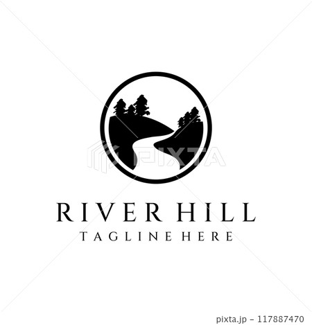 Logos of rivers, creeks, riverbanks and streams. River logo with combination of mountains and farmland with concept design vector illustration template. Logos of rivers, creeks, riverbanks and streams. River logo with combination of mountains and farmland with concept design vector illustration template. 117887470
