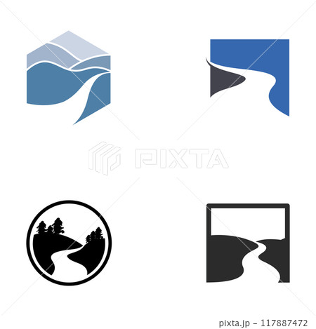 Logos of rivers, creeks, riverbanks and streams. River logo with combination of mountains and farmland with concept design vector illustration template. 117887472