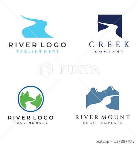 Logos of rivers, creeks, riverbanks and streams. River logo with combination of mountains and farmland with concept design vector illustration template. 117887473