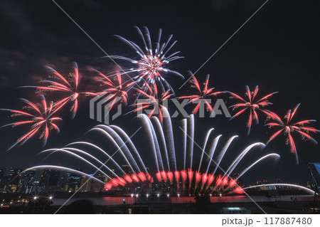 大阪の空にカラフルな打上花火 117887480