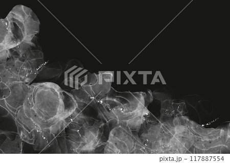 秋冬用アンティーク風ダーク抽象バナー）黒背景の下に銀色のアルコールインクアートの波 117887554