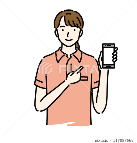 スマホを指さす女性ヘルパー 117887669