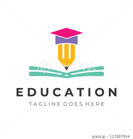 Creative student education logo template design with hat, book, pencil or pen sign.Inspired by graduating students.Logos for universities, colleges of education and schools. 117887934