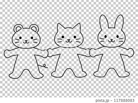 兔子、貓和老鼠手牽手的插圖 117888083