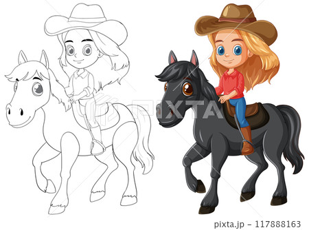 Cowgirl Riding a Black Horse 117888163