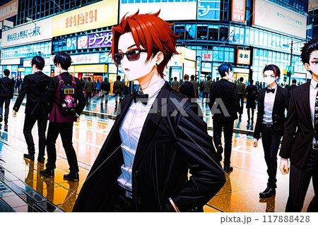 仕事に向かうホストと都会の繁華街を行き交う人々 仕事に向かうホストと都会の繁華街を行き交う人々 117888428