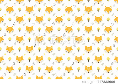 キツネの顔のシームレスパターン、白背景 117888606