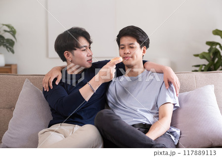 A male-male couple spends their free time happily doing holiday activities together, embracing each other and taking selfies together in the living room. A male-male couple spends their free time happily doing holiday activities together, embracing each other and taking selfies together in the living room. 117889113