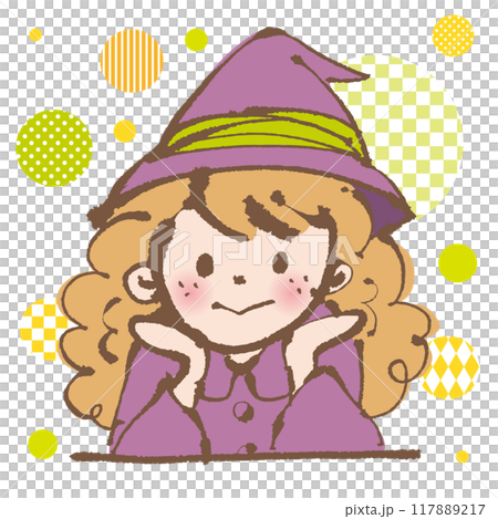 A girl dressed like a witch resting her chin on her hand A girl dressed like a witch resting her chin on her hand 117889217