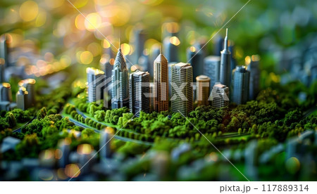 A city is shown in a miniature form, with buildings and trees by AI generated image 117889314