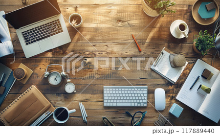A desk with a black chair and a black desk with a laptop and a pen holder by AI generated image 117889440