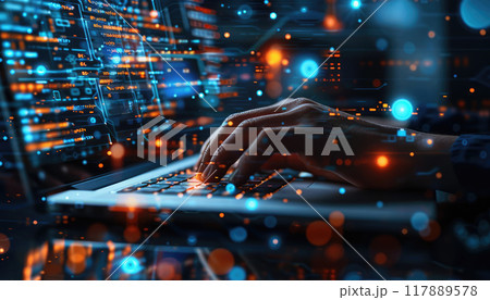 A person is typing on a laptop with a colorful, abstract background by AI generated image 117889578