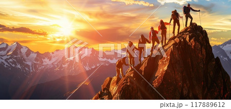 A group of people are climbing a mountain together by AI generated image 117889612